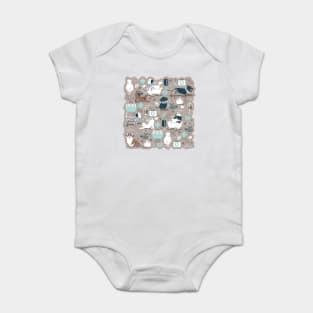 Veterinary medicine, happy and healthy friends // taupe brown background turquoise details navy blue white and brown cats dogs and other animals Baby Bodysuit